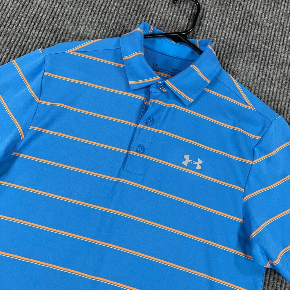 Under Armour Polo Shirt Mens Small Blue Striped Short Sleeve Loose Fit Golf